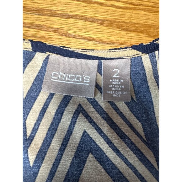 Chico's Chevron Print Navy & Beige  Zip Front 3/4 Sleeves Blouse Size 2 US L - Picture 7 of 9